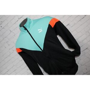 Puma Track Jacket Mens XL Black Teal Orange Colorblock Full Zip Athletic T7 Gym
